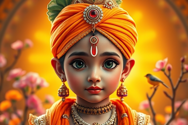 Create a vibrant portrait of a young deity with large expressive eyes, adorned in a bright orange turban and ornamental jewelry, set against a glowing golden background with blooming flowers and a small bird, with a DSLR camera at f/1.8, ISO 100, 50mm lens from a slight low angle, shot in soft natural light to enhance colors and details.