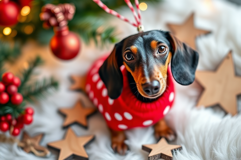 Capture a festive Christmas ornament featuring a dachshund in a red sweater with white polka dots, set on a soft white fur background with wooden star decorations, shot with a DSLR camera at f/2.8 aperture, 50mm lens, ISO 100, and a shallow depth of field for a creamy bokeh effect.