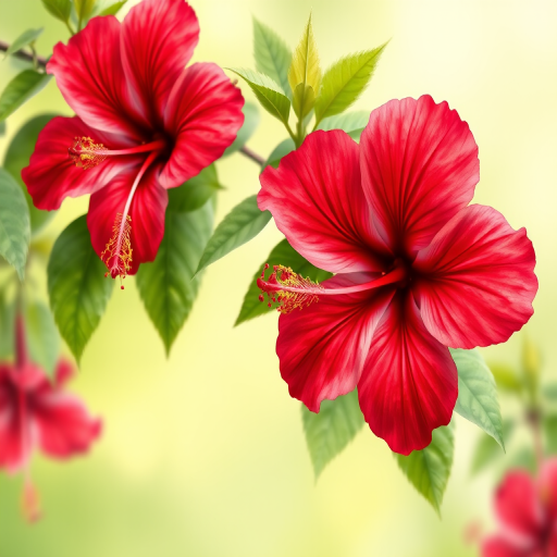 Create a high-quality digital illustration of vibrant red hibiscus flowers with green leaves against a soft green background, using a DSLR camera type, f/4 aperture, 50mm lens, and a shallow depth of field to enhance the richness of colors and details in the petals.