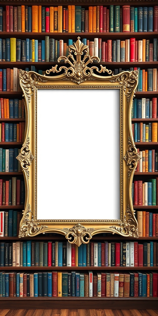Create an image of a library wall filled with colorful books on shelves, with a large ornate empty picture frame in the center, shot with a Canon EOS 5D Mark IV, 50mm lens, aperture f/2.8, ISO 100, natural lighting, landscape view, high resolution.