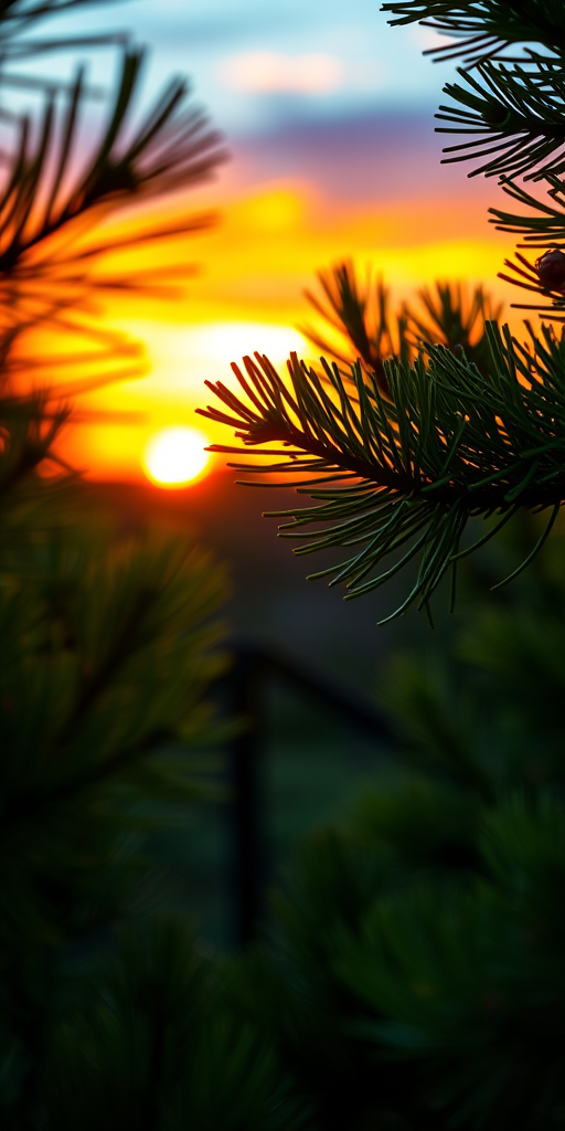 create a vibrant sunset background framed by lush green pine branches, f/8 aperture, ISO 100, 50mm lens, shot with a DSLR camera, natural light for enhanced clarity and color saturation