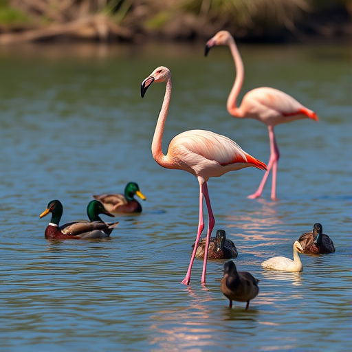 Flamingos standing in shallow water with ducks around, captured with a DSLR camera, aperture f/5.6, shutter speed 1/200s, ISO 100, focal length 50mm, natural lighting, vibrant colors.