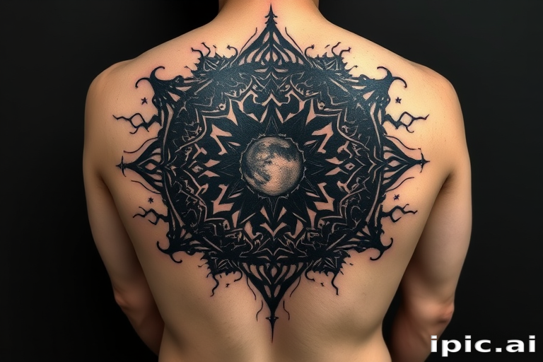 Blackout negative space tattoo named "Cosmic Void" featuring large areas of solid black ink with intricate designs carved out to reveal skin, creating a striking contrast