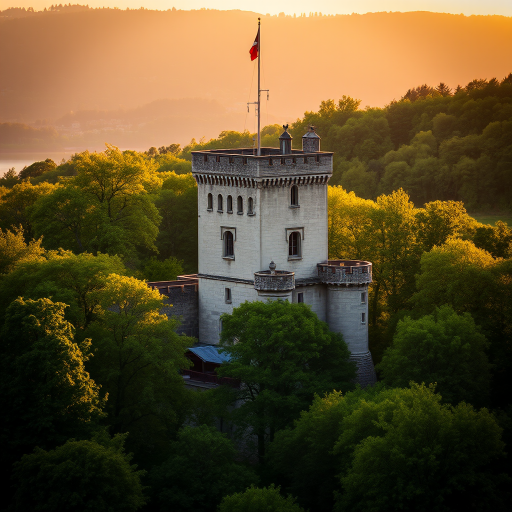 A medieval castle tower nestled among lush green trees during golden hour, captured with a DSLR camera, 50mm lens, aperture f/2.8, ISO 100, with a slight vignette effect to enhance the mood.