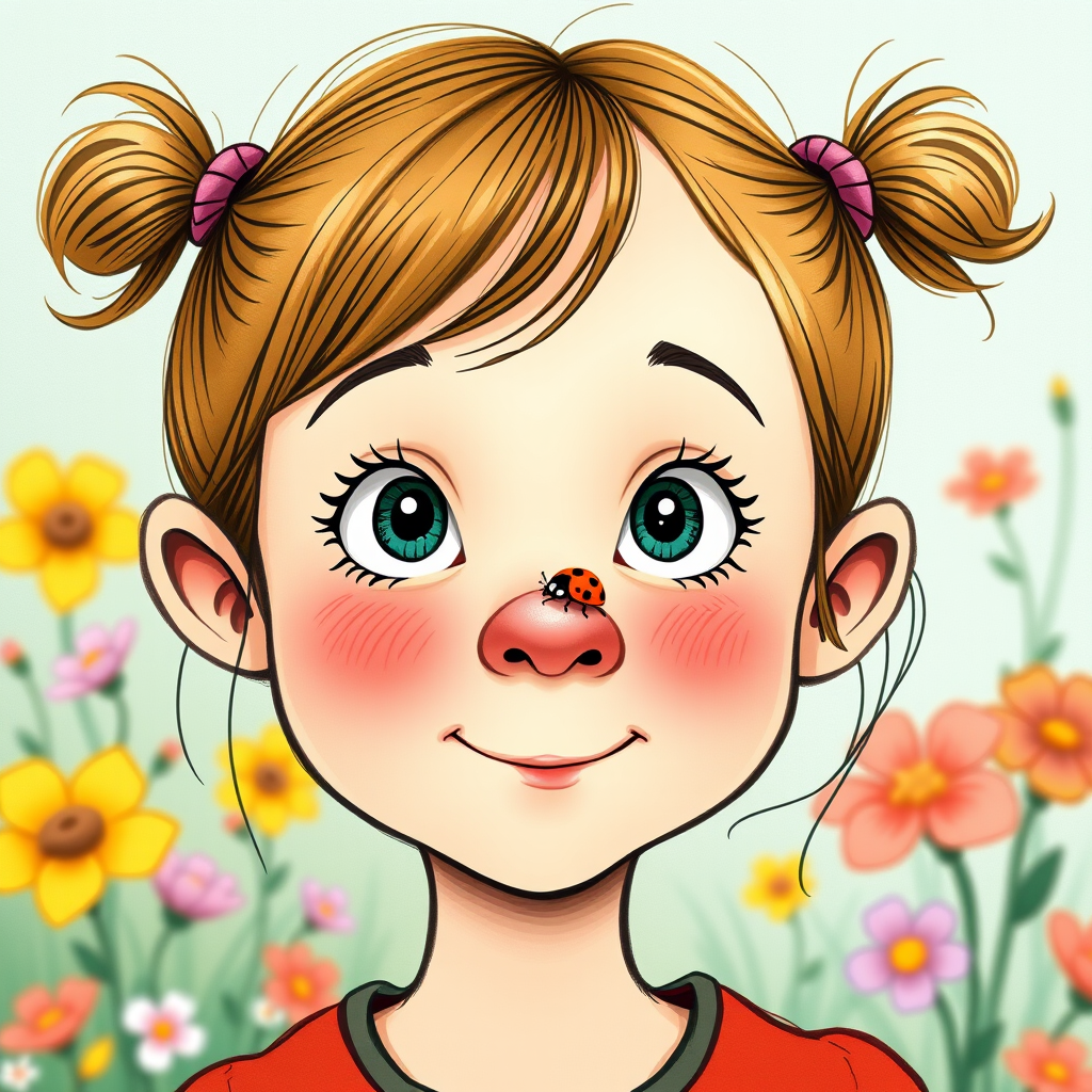 whimsical comical cartoon art Quentin Blake style, closeup portrait view of a cute girl with two ponytails in her hair, an adorable ladybug sits on her nose, funny children’s book illustration with bright colors and flowers in the background
