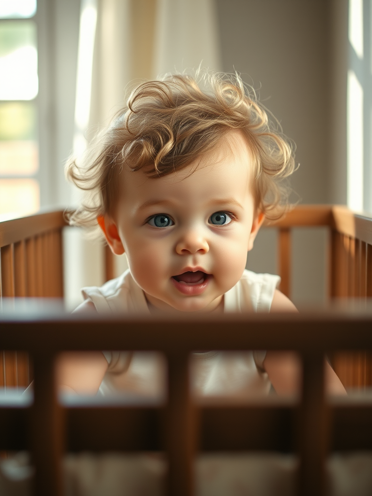 Create a soft-focus portrait of a toddler in a crib, featuring natural light streaming in from a window, with gentle shadows enhancing the scene, captured with a Canon EOS R5, 50mm f/1.2 lens, aperture set to f/1.8, ISO 200, shutter speed 1/200s, emphasizing the child's expressive eyes and delicate curls.