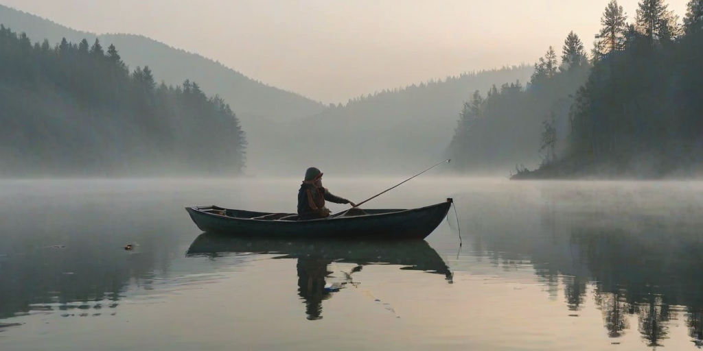 Small fishing boat in a calm lake, surrounded by mist, a woman rows gently through the still water, the silence only broken by the sound of her oars.