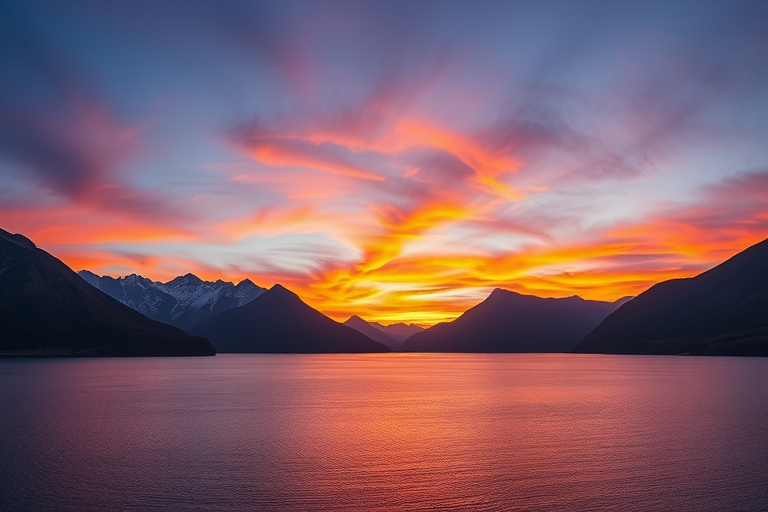 high-resolution image of a serene landscape featuring a calm lake surrounded by mountains at sunset with vibrant colors in the sky, captured with a Canon EOS R5, 24mm lens, f/8 aperture, ISO 200, using a wide-angle view and HDR style
