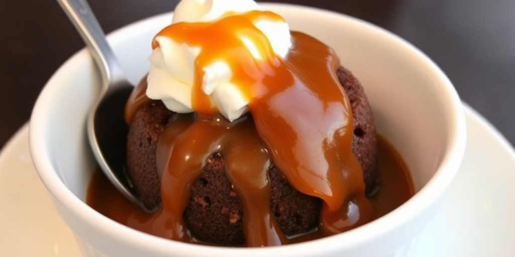 A delicious dessert featuring warm chocolate cake topped with a rich caramel sauce and a dollop of whipped cream served in a white bowl with a wooden spoon.