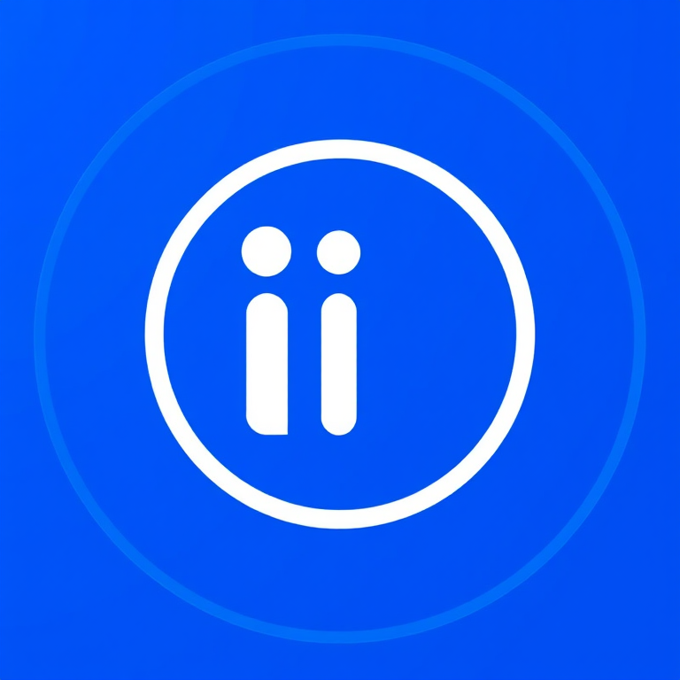 Create a high-resolution circular icon with a blue background and a stylized white letter "i" in the center, using a Canon EOS 5D Mark IV camera with an aperture of f/2.8, ISO 100, and a focal length of 50mm, shot from a straight-on view to emphasize clarity and detail.
