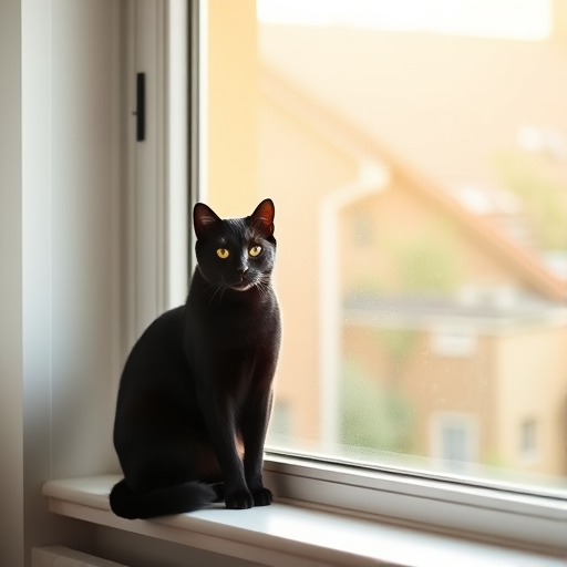 Generate a high-resolution image of a sleek black cat sitting elegantly on a windowsill with soft morning light streaming in, captured with a Canon EOS R5, 50mm f/1.2 lens, aperture set to f/2.8, ISO 100, with a shallow depth of field to create a bokeh effect in the background.