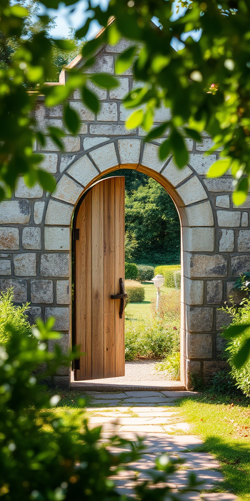 Capture a high-resolution image of an old stone gate leading to a lush garden, using a DSLR camera with a 35mm lens, aperture set to f/8 for depth of field, ISO 100 for sharpness, and a wide-angle view to include surrounding foliage in bright daylight.