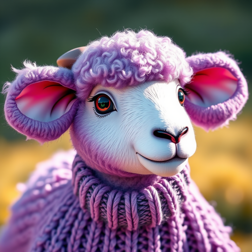 Create a whimsical illustration of a sheep with fluffy purple wool wearing a cozy knitted lavender sweater, shot in a soft-focused close-up with a 50mm lens at f/1.8, using natural lighting to enhance soft shadows and vibrant colors.