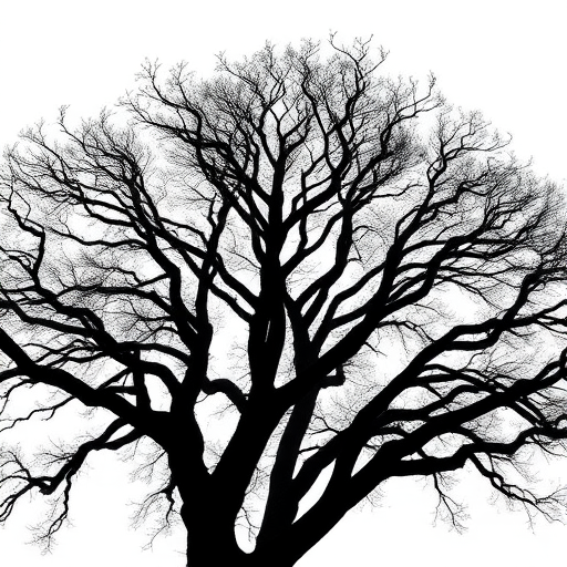 Create a high-contrast black and white image of a large tree with intricate branches silhouetted against a white background, using a DSLR camera with a 50mm lens at f/8, ISO 100, 1/200s, capturing the scene from a low angle to emphasize the tree's height and the details of its branches.