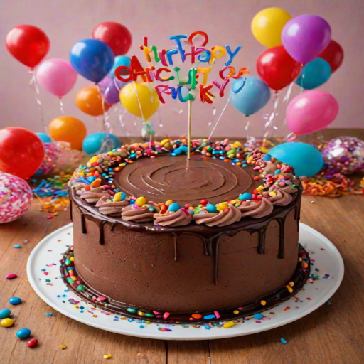 Generate an image of a round chocolate cake with a smooth chocolate frosting. The top of the cake should have a heart shape made of colorful sprinkles, and the sides should be decorated with a border of sprinkles. Include balloons in the background to create a festive atmosphere.