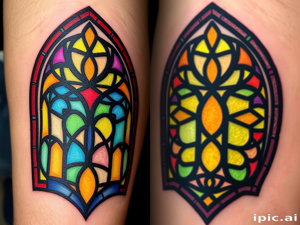 Stained glass tattoo named "Luminous Mosaic" depicting colorful geometric shapes and intricate patterns reminiscent of church windows with bold outlines and translucent hues