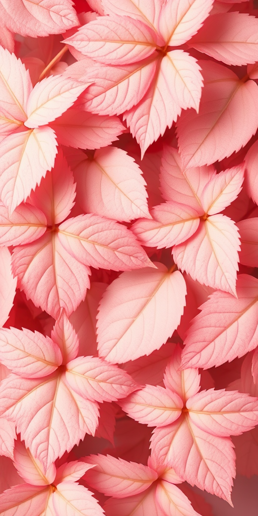 Create a high-resolution image of stylized leaves in soft pastel shades of pink and beige, with enhanced details; DSLR camera settings: ISO 100, f/4, 1/200 sec; overhead view, minimalistic style, vibrant colors.