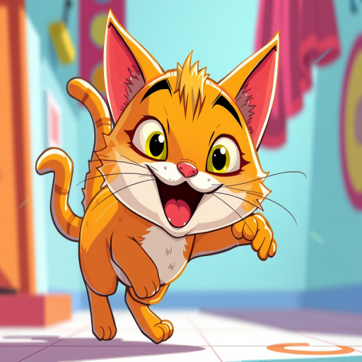 Create a vibrant cartoon-style illustration of a playful orange cat with exaggerated features, capturing dynamic movement and expressions, using a Canon EOS R5 camera at ISO 100, f/4 aperture, 50mm lens, shot in a bright and colorful setting.