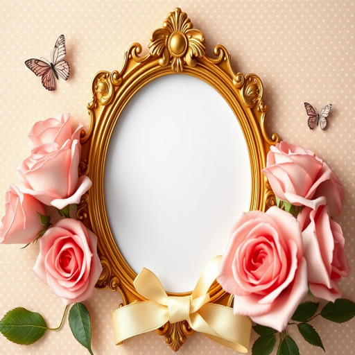 Create a vintage-style photo frame with ornate golden detailing, surrounded by soft pink roses and a delicate cream ribbon, featuring a polka dot background in beige with subtle butterfly accents, shot with a DSLR camera at f/2.8 aperture, 50mm lens, with soft natural lighting for enhanced clarity and depth.