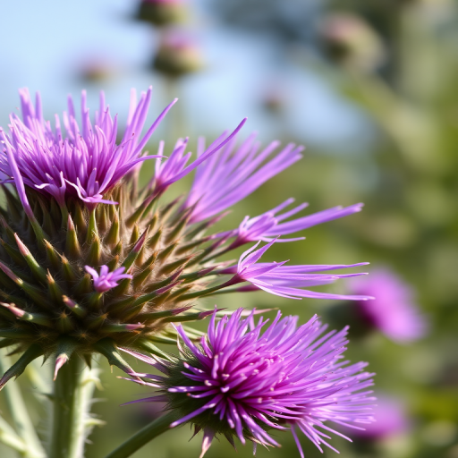 Create a detailed botanical illustration of a thistle plant with vibrant purple flowers, captured in natural daylight with a shallow depth of field, using a Canon EOS R5, 50mm lens, aperture f/2.8, ISO 100, and 1/200 sec shutter speed to enhance color saturation and sharpness.