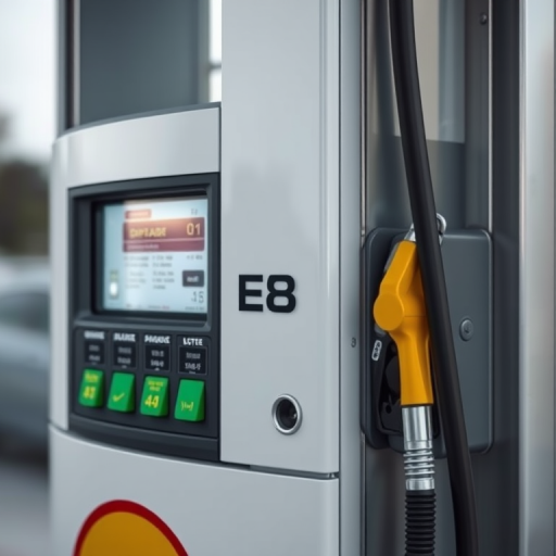 Create a high-resolution image of a fuel pump with a modern design, using a Canon EOS R5 camera with a 50mm f/1.8 lens, aperture set to f/8, ISO 100, and a shutter speed of 1/200s, captured from a slightly elevated angle to enhance depth and detail.