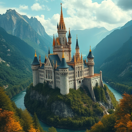 A majestic fantasy castle surrounded by lush mountains and a winding river, golden spires reaching towards the sky, intricately detailed architecture, vibrant colors, captured with a Canon EOS R5, 24mm lens, f/8 aperture, ISO 100, in a wide-angle view for enhanced depth and clarity.