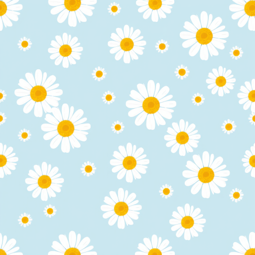 Create a seamless pattern featuring a light blue background filled with white daisies. Each daisy should have a bright yellow center and a simple, clean design. The flowers should be evenly spaced, creating a harmonious and cheerful floral pattern.