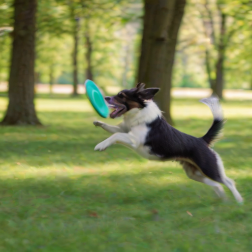 Blurry action shot of a dog chasing a frisbee in a grassy park, soft focus on the background trees swaying in the wind, with vibrant green and blue tones in the image.