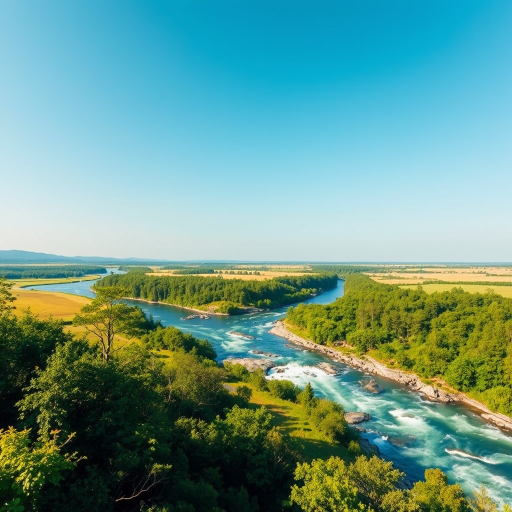 Generate a high-quality image of a scenic landscape with vibrant colors, using a Canon EOS R5 camera, 24mm lens, f/8 aperture, ISO 100, 1/250s shutter speed, capturing a wide-angle view under clear blue skies with lush greenery and a flowing river.