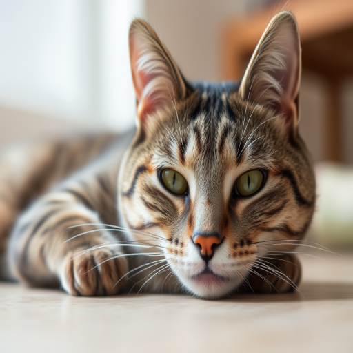 Close-up shot of a resting gray tabby cat with a soft focus background, 50mm lens, aperture f/1.8, ISO 200, natural light, low angle, DSLR camera.