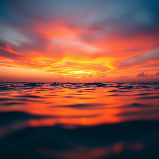 Capture a picturesque sunset over the ocean with vibrant colors reflecting on the water, low angle view, aperture f/11, shutter speed 1/60s, ISO 100, using a DSLR camera with a wide-angle lens.