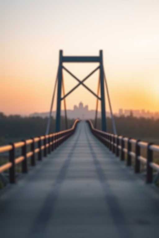 create a serene landscape image of a bridge at dawn, capturing soft natural light, with a shallow depth of field, using a Canon EOS R5, 50mm lens, f/1.8, ISO 100, and an aperture of 1.8, focusing on the leading lines of the bridge leading towards the horizon.