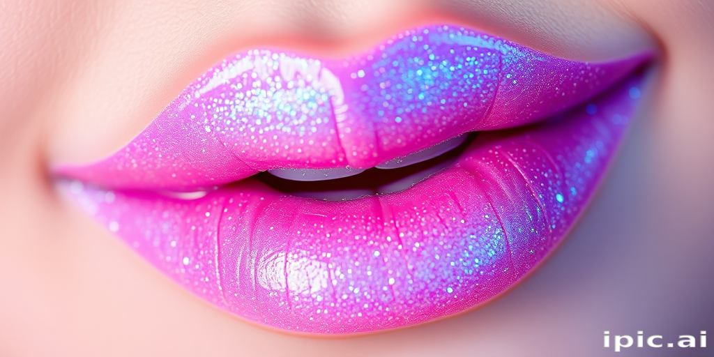 Whimsical "Fairy Dust" iridescent lip gloss with holographic sparkles, transforming from pink to blue depending on light, enchanting and playful
