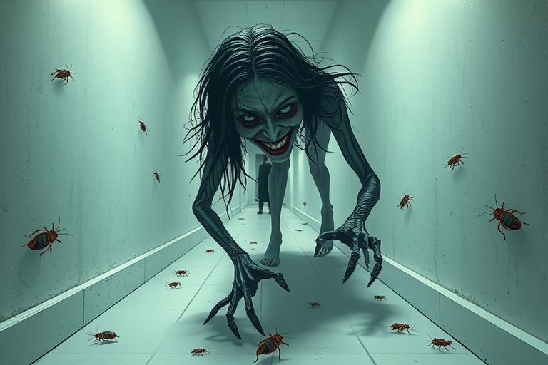 a crooked female with long arms and a creepy smile is crawling along a long white corridor and you can also see cockroaches in it there is a creepy atmosphere creepy art style