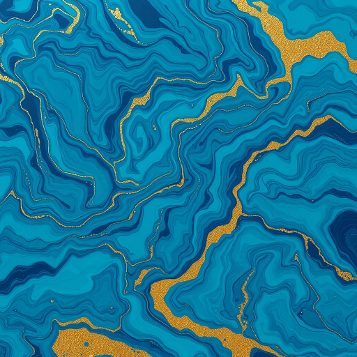 Create an abstract image featuring flowing blue and teal marbled patterns with gold accents, using a Canon EOS R5 camera, 50mm lens, aperture f/1.8, ISO 100, in natural lighting, capturing a top-down view to enhance depth and texture.