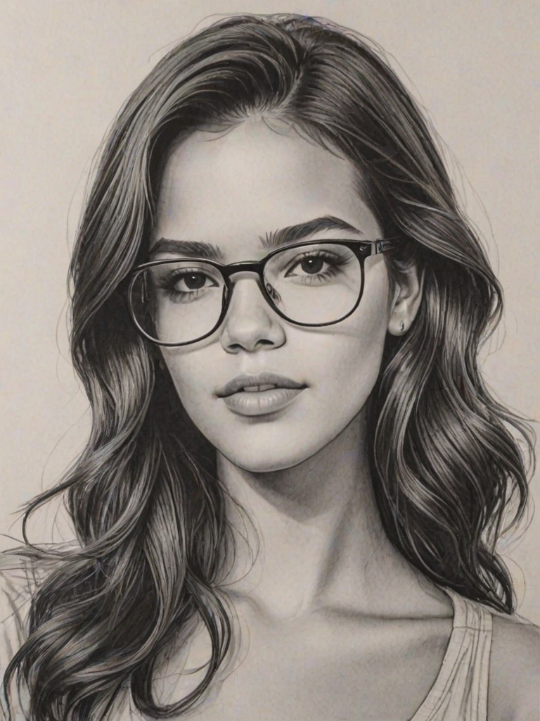 Charming Bruna Marquezine, pencil sketch, portrait of Sublime woman 1969s in glasses, hair style beatnik, outline, clear lines, fine lines, 8k