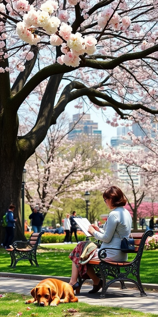 Vibrant city park in spring, cherry blossoms in full bloom, a woman sits on a bench under a large tree, her dog resting at her feet as she sketches the lively scene around her.