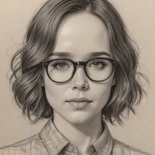 Bewitching Ellen Page, pencil sketch, portrait of Wonderful woman 1931s in glasses, hair style beatnik, outline, clear lines, fine lines, 8k