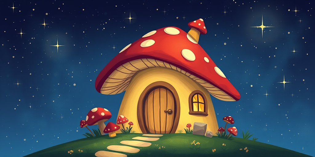 create illustration of a mushroom house with a door and a window, a storybook , fantasy art, mushroom house, bg starry sky, sparkles