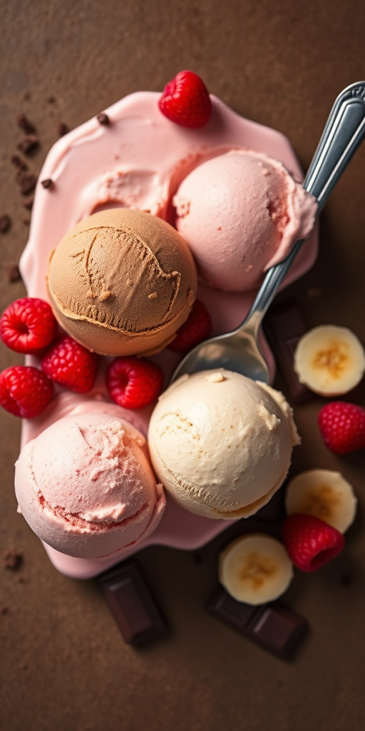 Ice cream scoops in pink, brown, and cream colors with a silver spoon and a selective arrangement of raspberries, banana, and chocolate pieces on a brown background, shot with a Canon EOS R5, 50mm lens, f/1.8 aperture, ISO 100, natural lighting, top-down view, high-definition, vibrant colors.