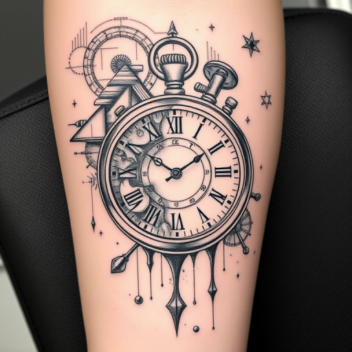 Surrealist fine line tattoo titled "Temporal Illusion" depicting a melting pocket watch intertwined with floating geometric shapes and abstract patterns creating a mind-bending visual experience with intricate details and delicate shading techniques using only black ink to achieve a wide range of tones and textures resembling a pencil drawing on skin