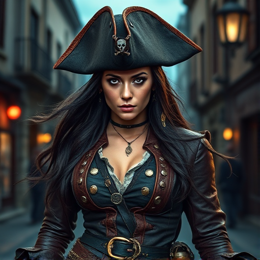 Create a portrait of a fierce female pirate. She wears a leather tricorn hat adorned with a skull and crossbones emblem, and her long, dark hair flows around her face. Her outfit consists of a richly detailed leather jacket, a corset, and multiple layers of belts and accessories, giving her a formidable and stylish appearance. She stands confidently in a dimly lit, historic port town, with a backdrop of weathered buildings and cobblestone streets, capturing the adventurous spirit of a pirate.
