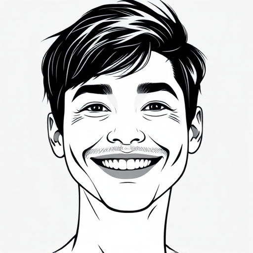 Create a high-contrast vector portrait of a smiling face with defined outlines, use an 85mm lens, aperture f/1.8, ISO 100, top-down lighting, and soft focus background to enhance image quality.