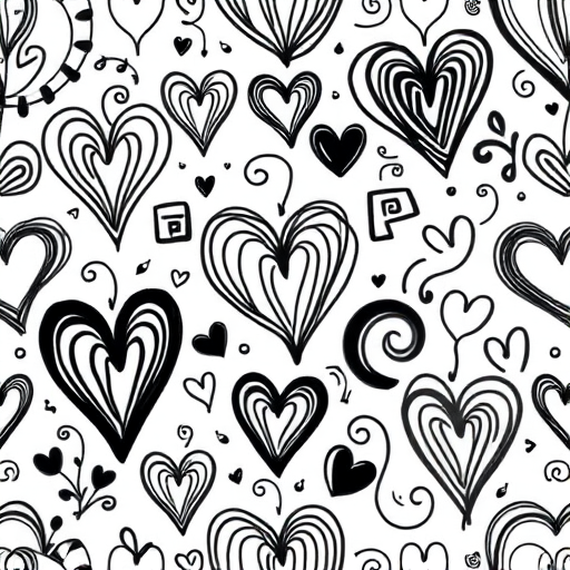 generate a seamless pattern of abstract black and white doodle designs featuring swirling hearts and intricate shapes, with high contrast and sharp lines, captured with a DSLR camera at f/4, ISO 100, 50mm lens, top-down view, natural soft lighting to enhance detail and clarity