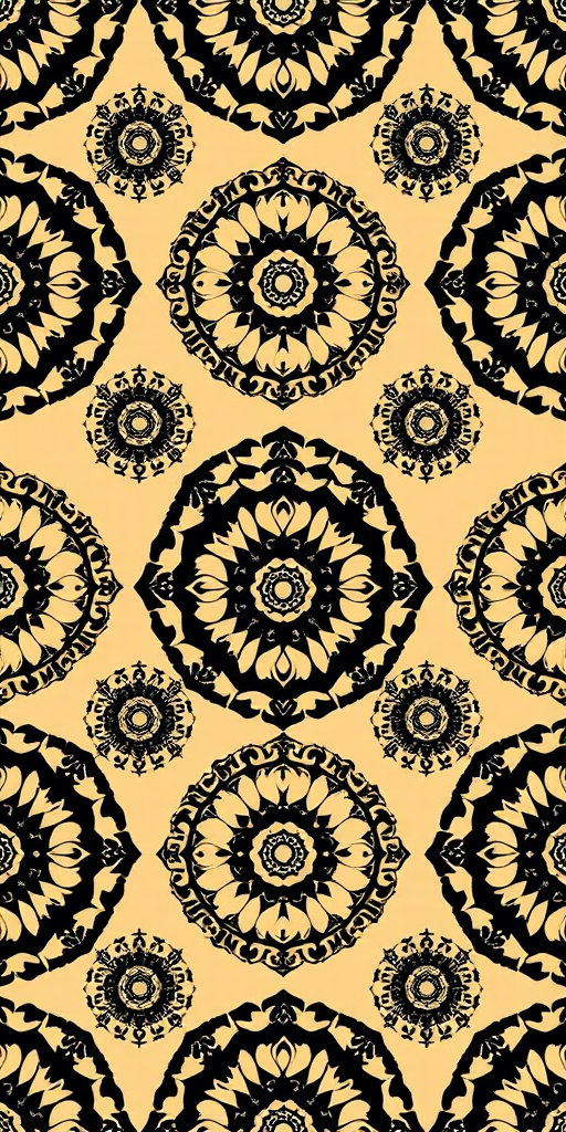 Create a seamless pattern of circular motifs with intricate designs in black and beige, captured with a Canon EOS R5 using a 50mm f/1.8 lens, ISO 100, aperture f/8, and shutter speed 1/60, viewed from a top-down perspective in bright, even lighting.