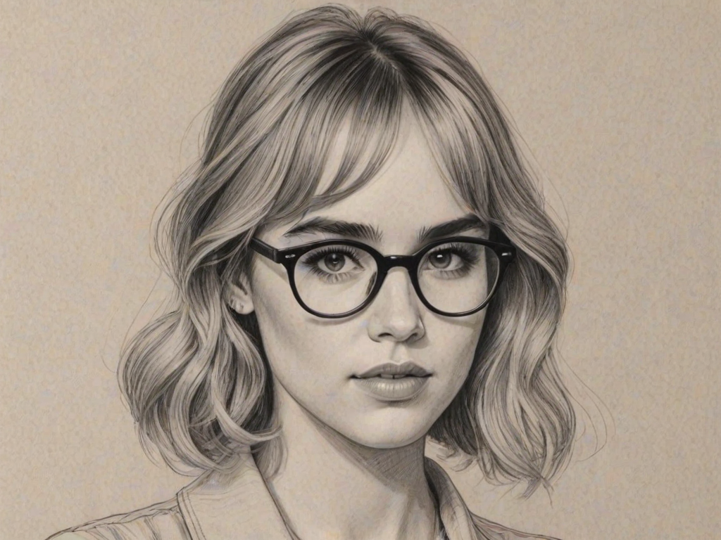 Enchanting Suki Waterhouse, pencil sketch, portrait of Fascinating woman 1934s in glasses, hair style beatnik, outline, clear lines, fine lines, 8k