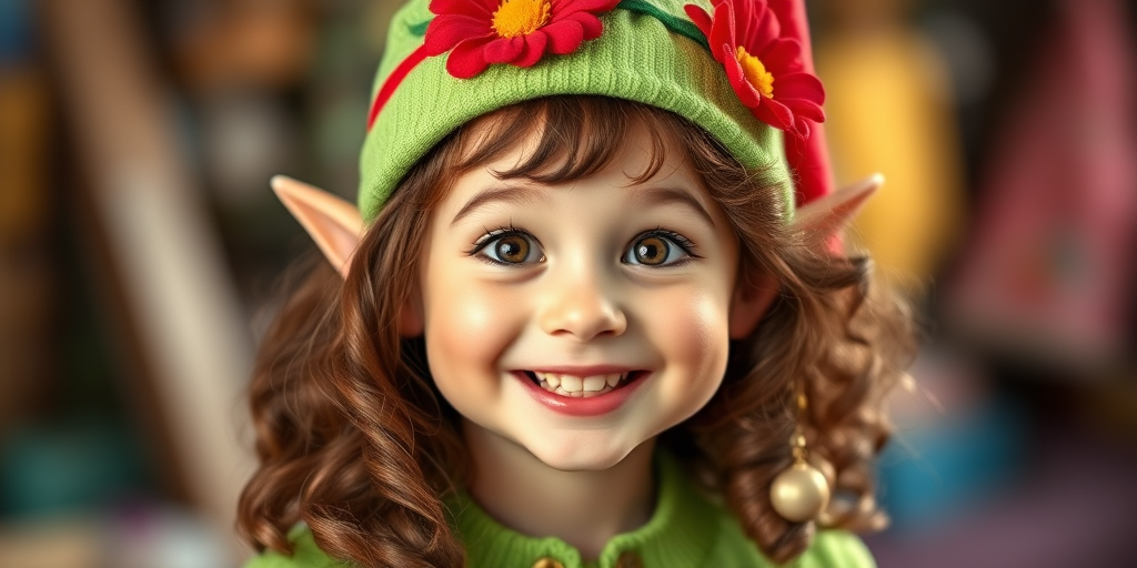 A cheerful elf girl with curly brown hair, wearing a bright green outfit and a red-and-green hat with a flower on top, in high resolution, 50mm lens, f/2.8 aperture, soft focus, portrait style, digital camera.
