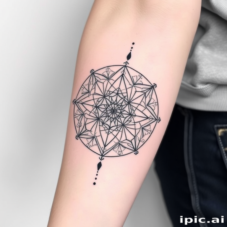 Minimalist blackwork tattoo called "Geometric Harmony" showcasing intricate sacred geometry patterns, fine line mandala designs, and subtle dotwork shading, ideal for arm or leg placement