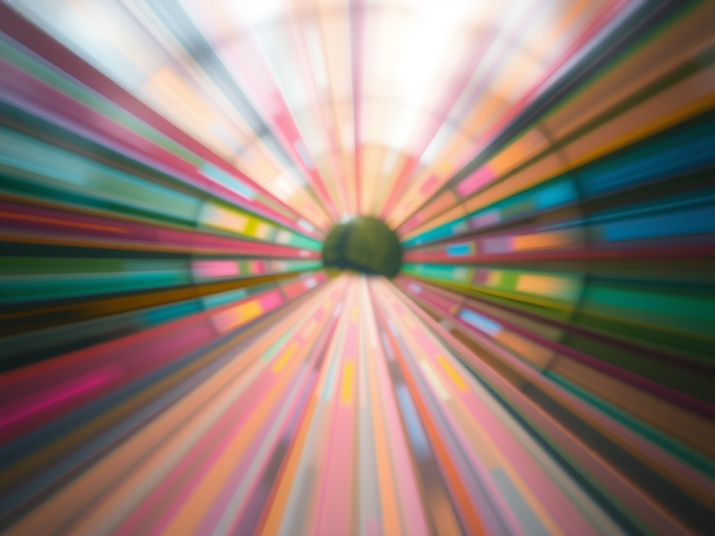 create a vibrant abstract image with radial blur effect and soft bokeh using a Canon EOS R5, f/2.8 aperture, ISO 100, 1/200 sec shutter speed, shot from a centered perspective with a wide-angle lens to enhance color saturation and dynamic range