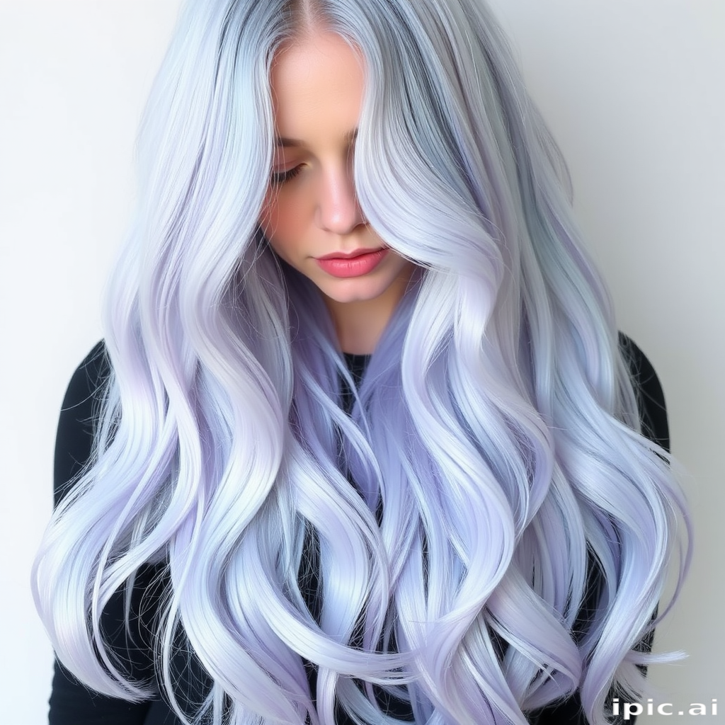 Ethereal Moonlight Goddess Locks flowing down to ankle-length, featuring a mesmerizing gradient of silver, pale blue, and lavender tones reminiscent of a starry night sky